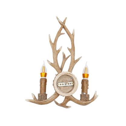 Retro Antler Wall Sconce - Wooden Feeling Resin Decorative LED Vintage Deer Light with E14 Bulb Base