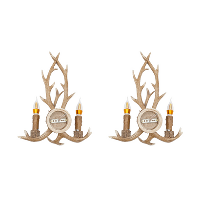 Retro Antler Wall Sconce - Wooden Feeling Resin Decorative LED Vintage Deer Light with E14 Bulb Base
