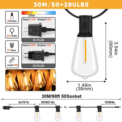 Glowscape - 12V LED Outdoor String Lights with Vintage ST38 Bulbs