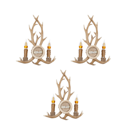 Retro Antler Wall Sconce - Wooden Feeling Resin Decorative LED Vintage Deer Light with E14 Bulb Base
