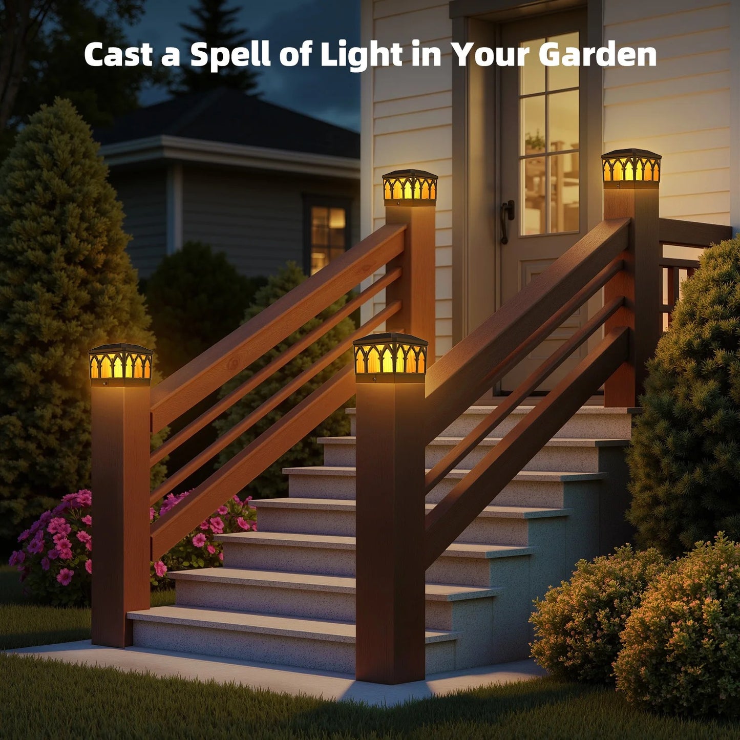 4x4 Solar Flame Post Cap Lights - Waterproof Outdoor Flickering LED Fence Deck Lamp