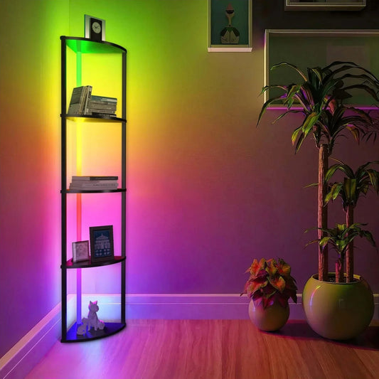 64" Corner Shelf with RGB LED Lights, Modern Tall Bookshelf Display Cabinet Remote Control for Living Room Bedroom