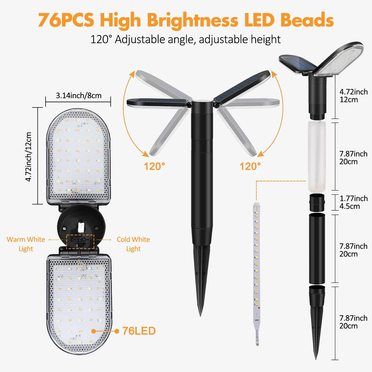 76-LED Solar Pathway Lights Adjustable Outdoor Garden Landscape Lighting Dusk-to-Dawn Waterproof