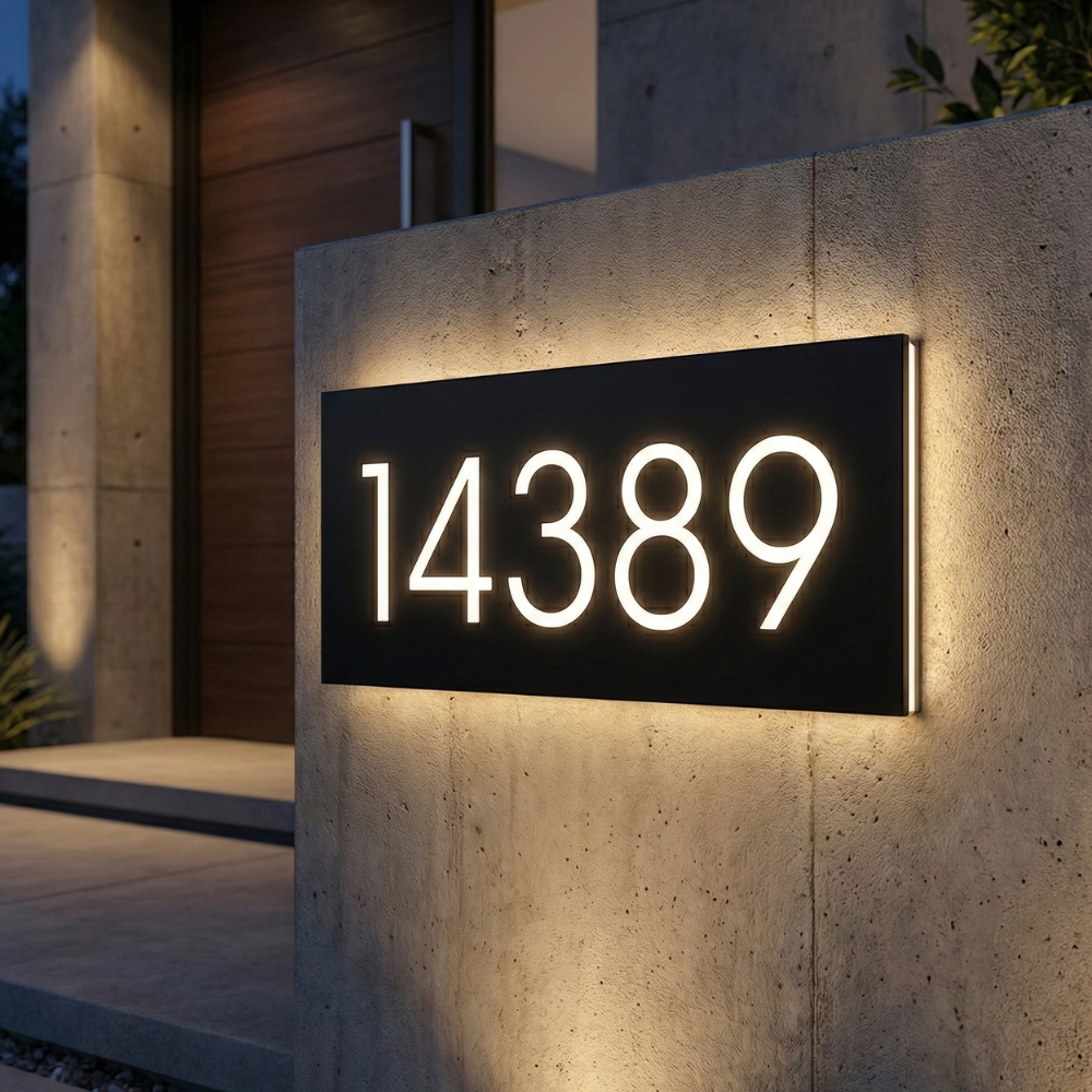 Modern Custom LED House Number & Address Sign - Stainless Steel Neon Backlight