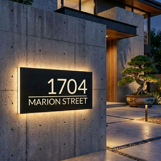 Modern Custom Stainless Steel LED Backlit House Number & Street Name Signs - Waterproof