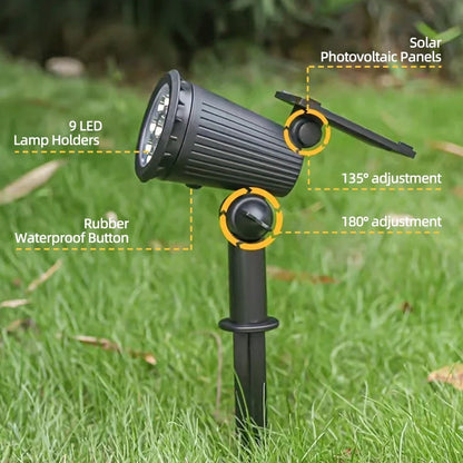 9-LED Solar Spot Lights, RGB - IP65 Waterproof Outdoor Landscape Spotlight