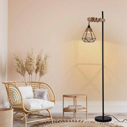 Aesthetic Smart Floor Lamp, Adjustable Height Standing Light with Woven Rattan Lampshade