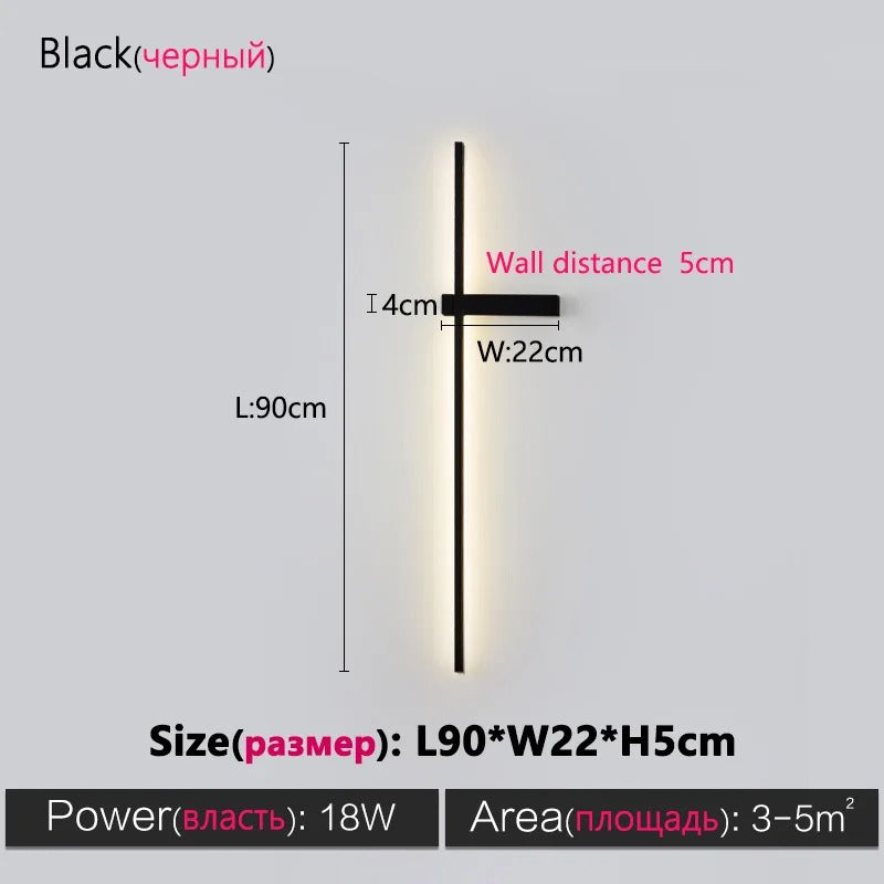 Black Long Strip Wall Lamp - Modern Minimalist LED Wall Light for Bedroom Bedside Decor