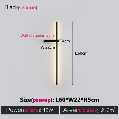 Black Long Strip Wall Lamp - Modern Minimalist LED Wall Light for Bedroom Bedside Decor