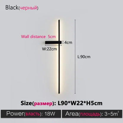 Black Long Strip Wall Lamp - Modern Minimalist LED Wall Light for Bedroom Bedside Decor
