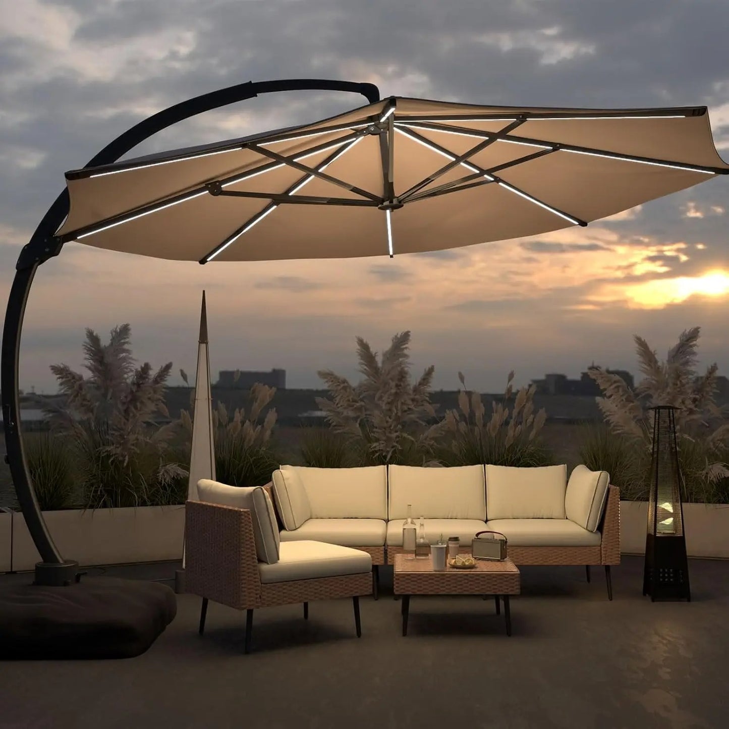 Grandeur Outdoor - 11ft Solar LED Cantilever Patio Umbrella with 360° Rotation