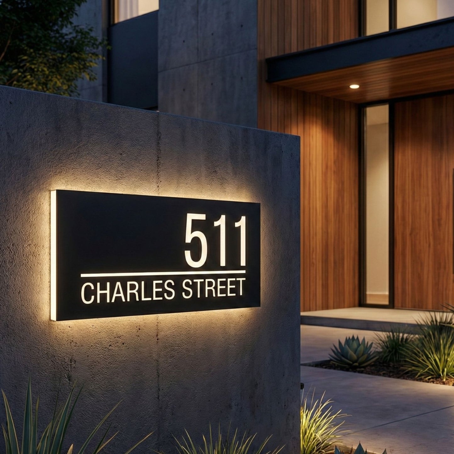Modern Custom LED House Number & Address Sign - Stainless Steel Neon Backlight