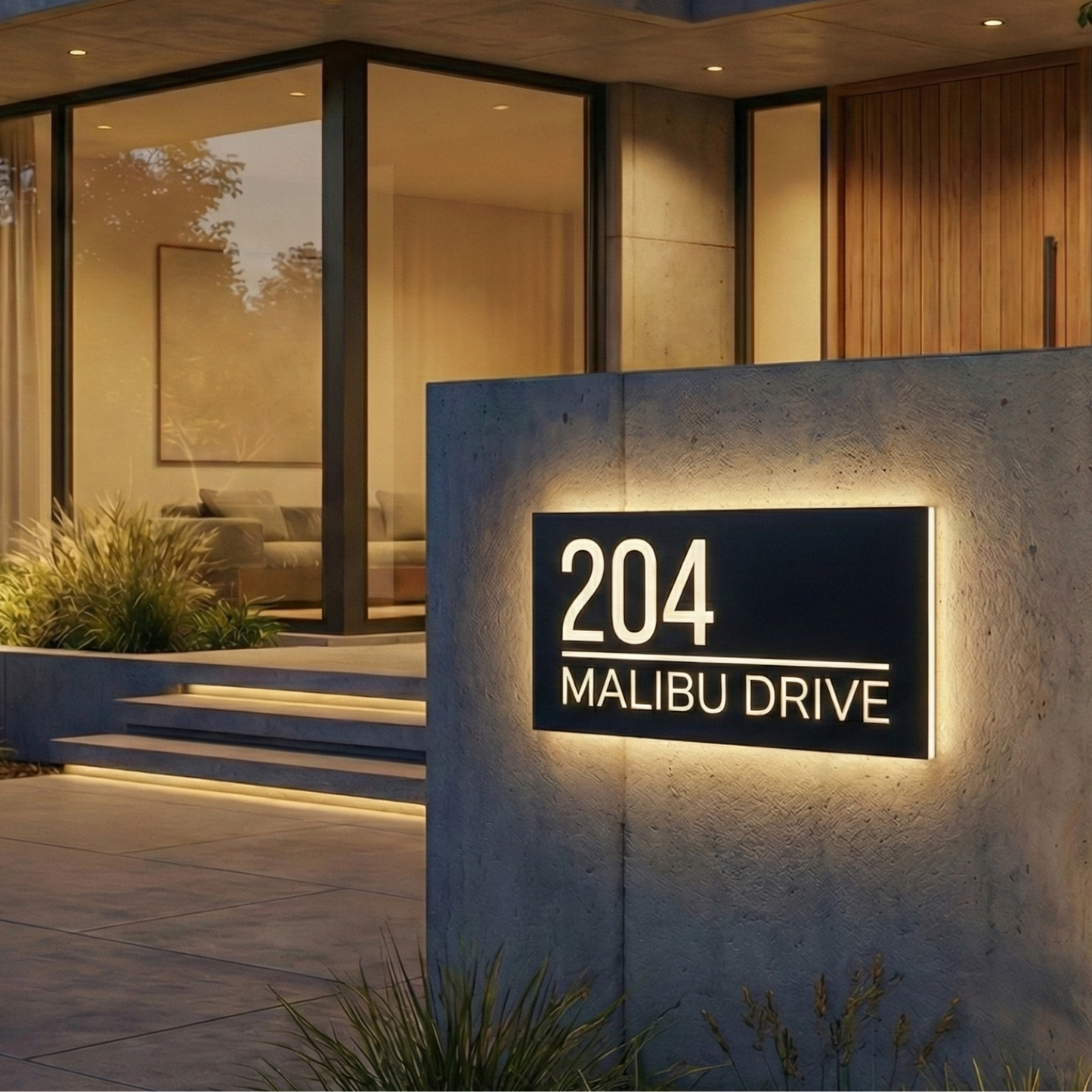 Modern Custom LED House Number & Address Sign - Stainless Steel Neon Backlight