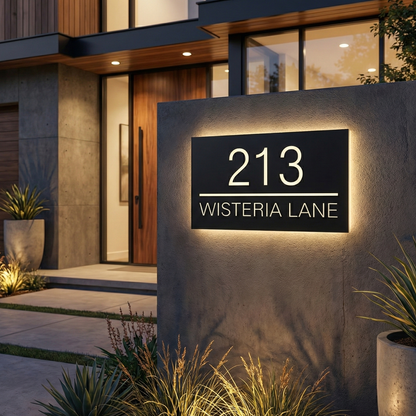 Modern Custom LED House Number & Address Sign - Stainless Steel Neon Backlight