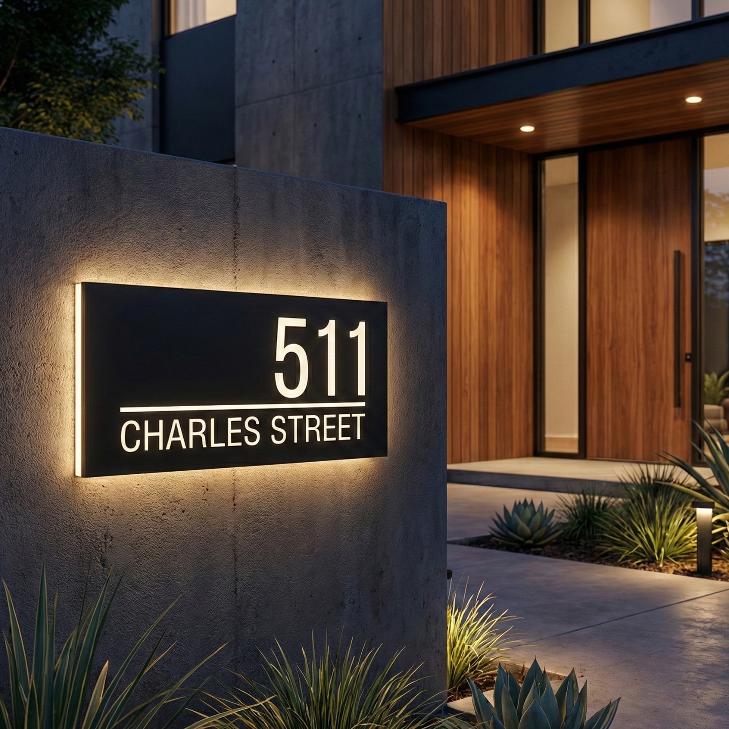 Modern Custom LED House Number & Address Sign - Stainless Steel Neon Backlight