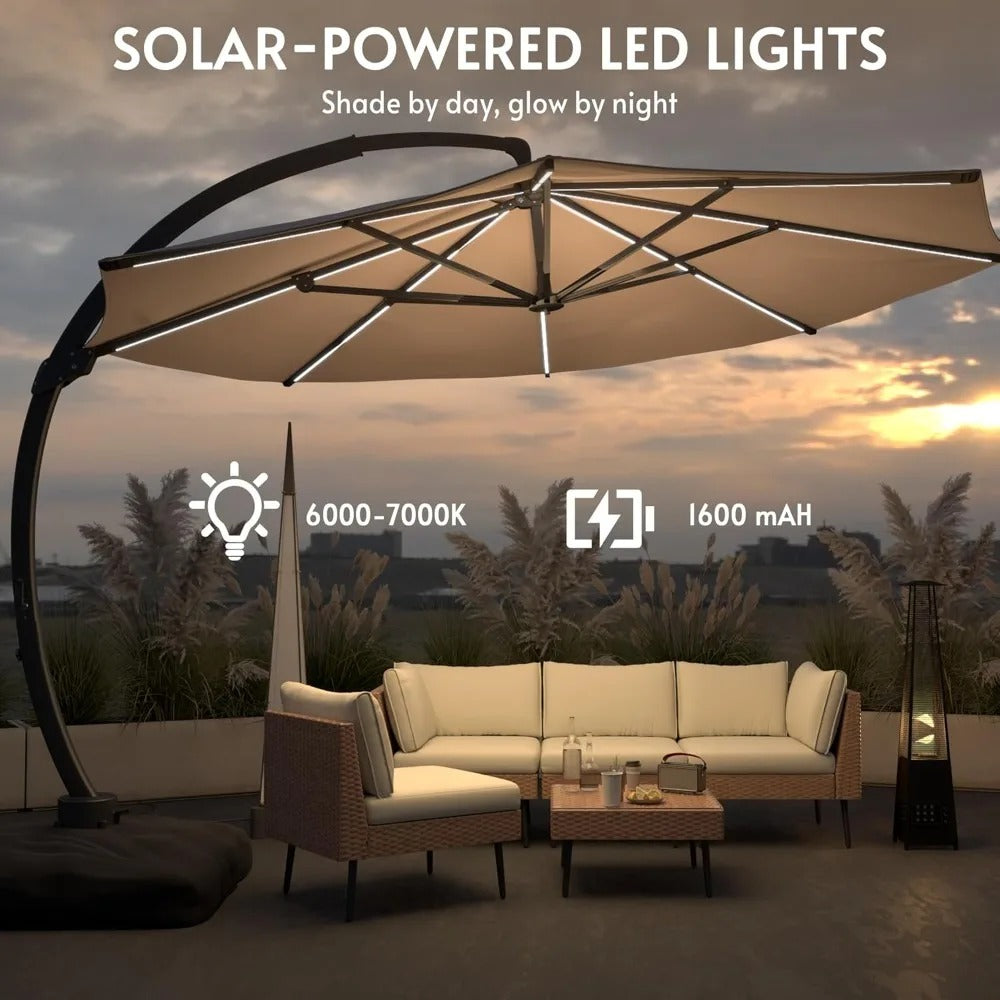 Grandeur Outdoor - 11ft Solar LED Cantilever Patio Umbrella with 360° Rotation