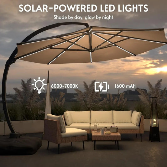 Grandeur Outdoor - 11ft Solar LED Cantilever Patio Umbrella with 360° Rotation