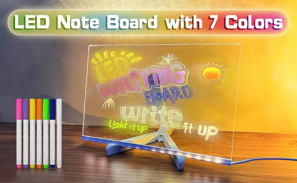 LED Illuminated Dry Erase Board - Acrylic Writing Note Pad with Colors, USB Powered Light Up Message Sign