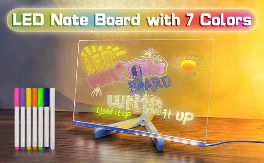LED Illuminated Dry Erase Board - Acrylic Writing Note Pad with Colors, USB Powered Light Up Message Sign