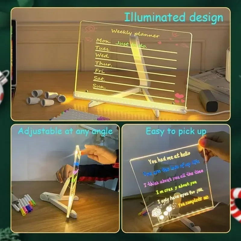 LED Illuminated Dry Erase Board - Acrylic Writing Note Pad with Colors, USB Powered Light Up Message Sign