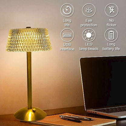 LumiGlow Retro Crystal Table Lamp - Rechargeable & Dimmable