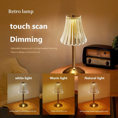 Luxurious Crystal Table Light, Rechargeable, Touch Dimmable 3 Color LED Lamp for Home Decoration