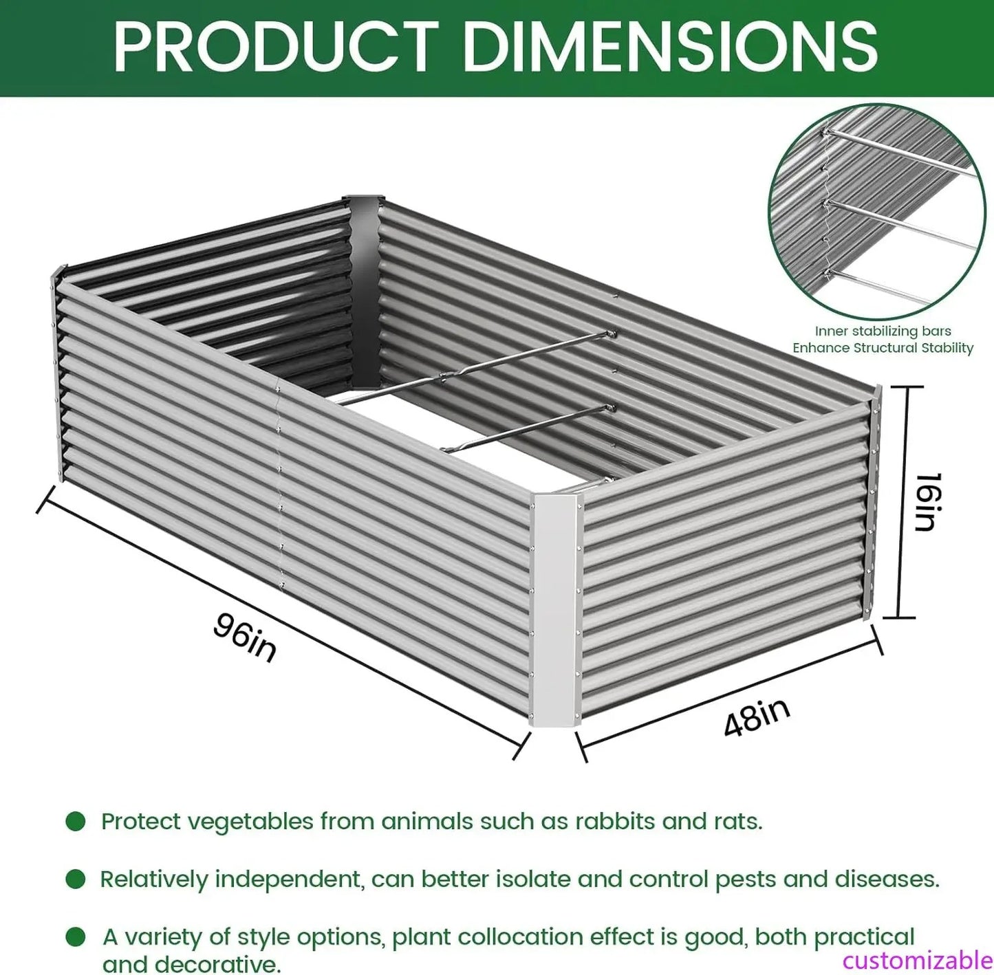 Galvanized Metal Raised Garden Beds 8x4ft - 16" Tall Steel Planter Box for Vegetables & Flowers