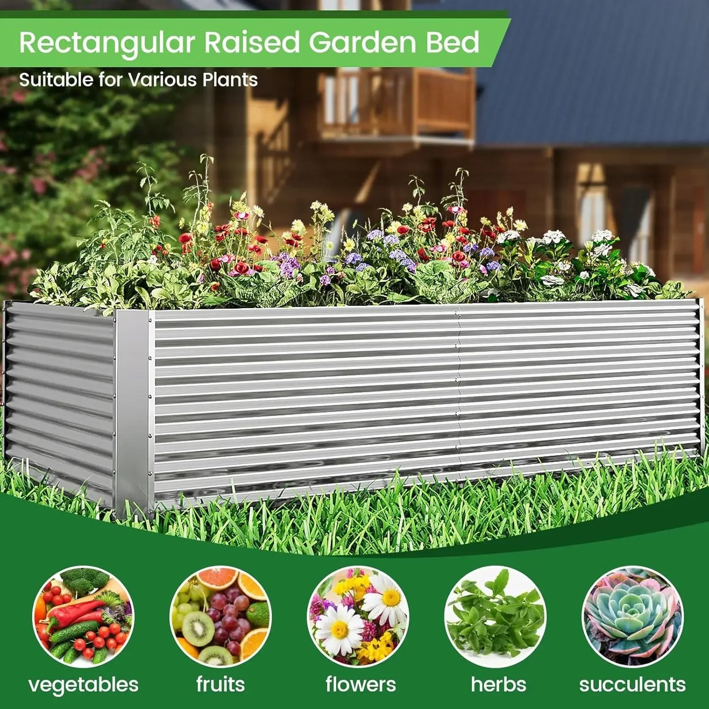 Galvanized Metal Raised Garden Beds 8x4ft - 16" Tall Steel Planter Box for Vegetables & Flowers