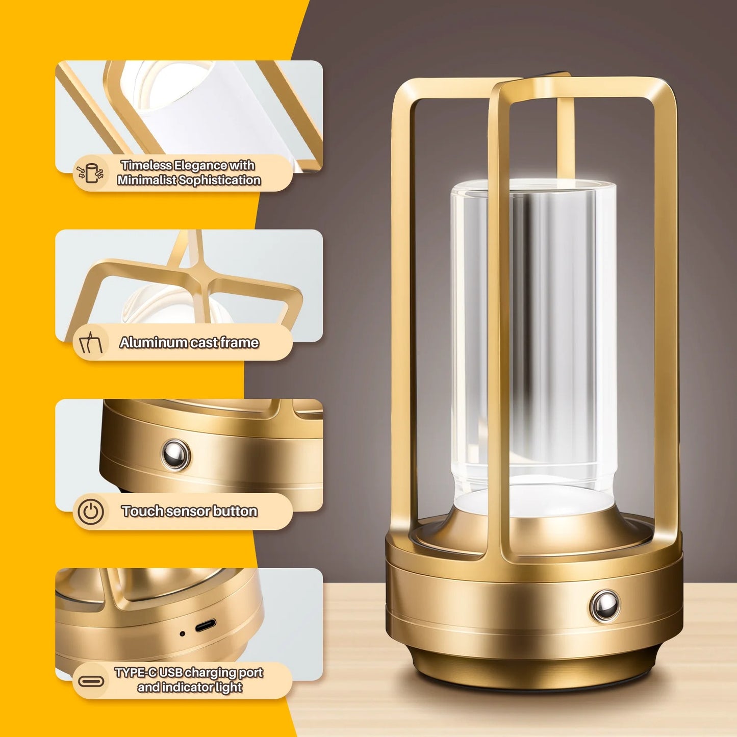 Modern Aluminum Wireless LED Table Lamp,  Rechargeable Desk Light, Outdoor Ambiance Lantern