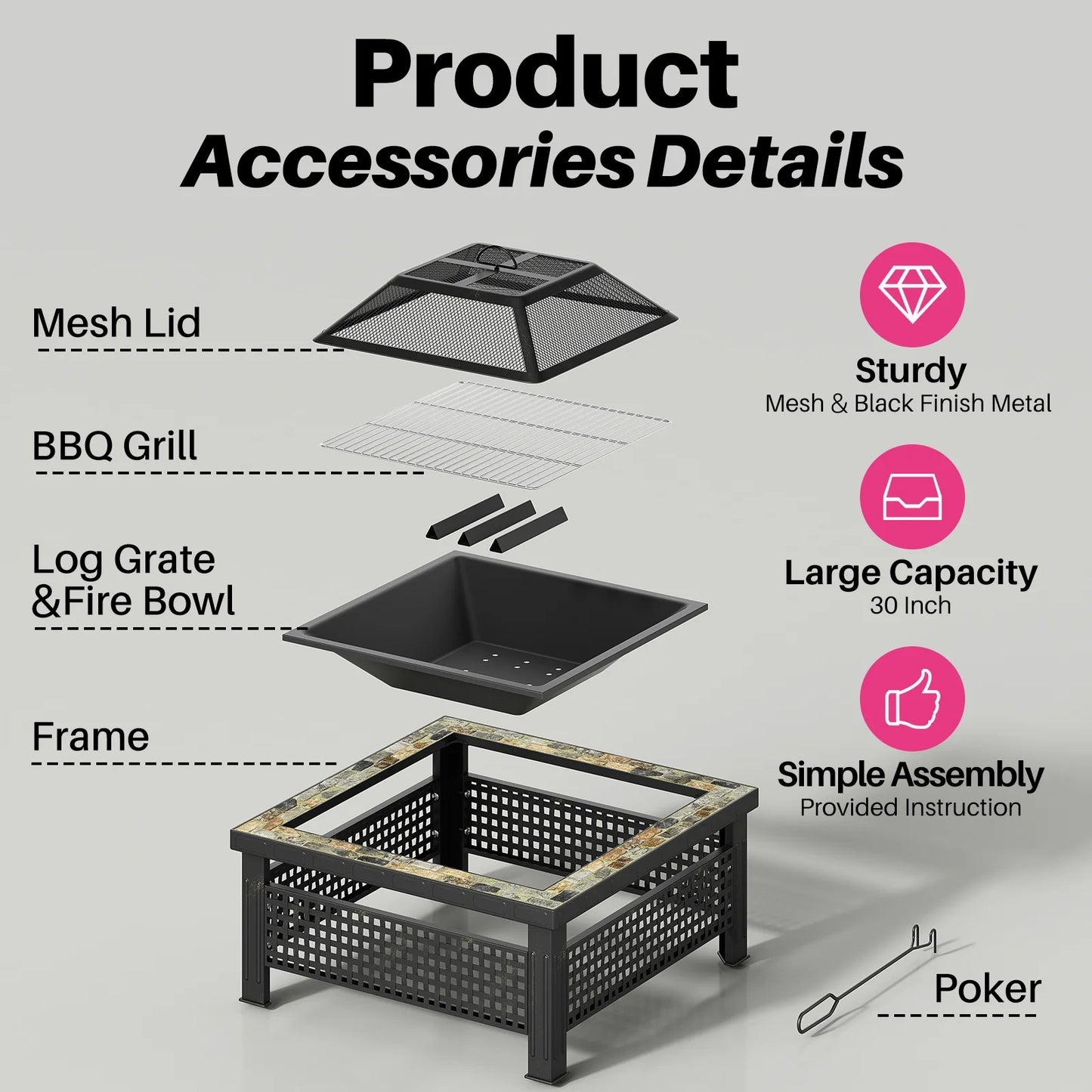 ModernLiving 30" Square Fire Pit with Mesh Lid & Poker