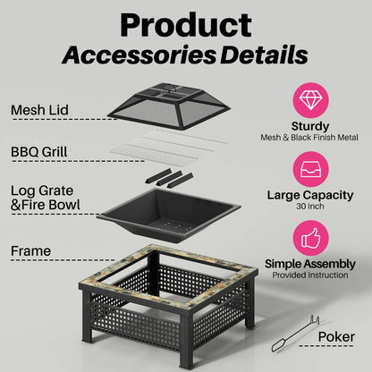 ModernLiving 30" Square Fire Pit with Mesh Lid & Poker
