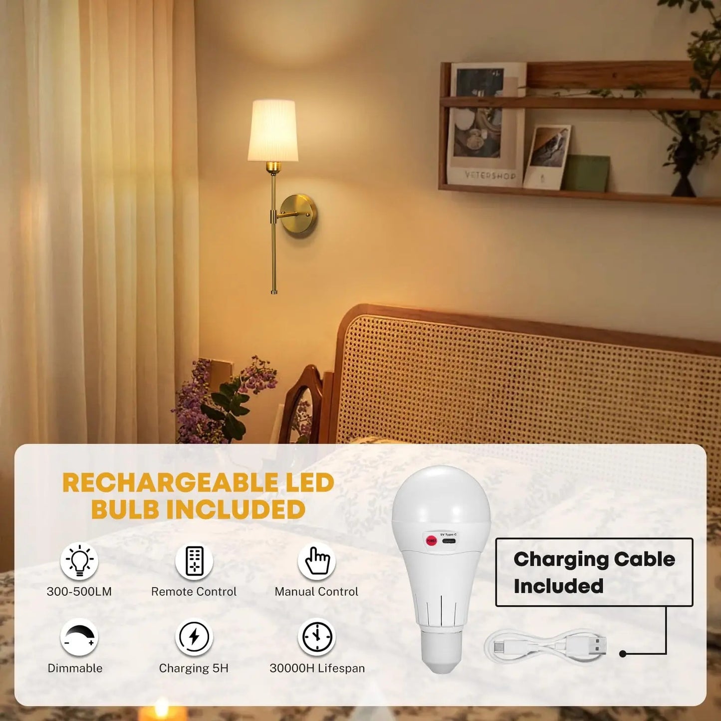 Modern Rechargeable Wall Sconce Set - Dimmable LED Wall Lamp with Remote Control