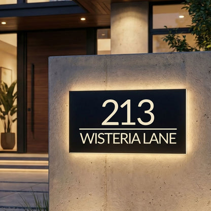 Modern Custom LED House Number & Address Sign - Stainless Steel Neon Backlight