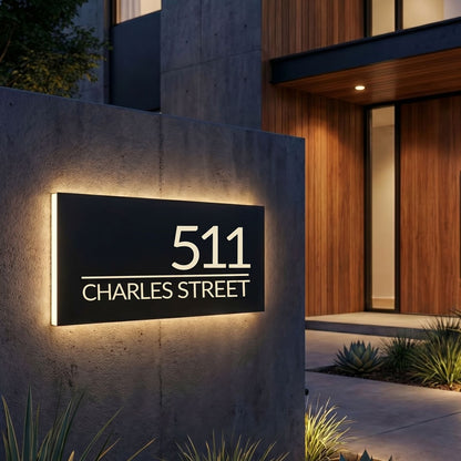 Modern Custom LED House Number & Address Sign - Stainless Steel Neon Backlight