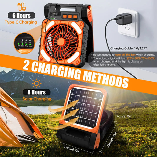 Multifunctional Solar Fan, Portable Rechargeable Fan with LED Light & Power Bank USB-C Charging for Outdoor