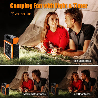 Multifunctional Solar Fan, Portable Rechargeable Fan with LED Light & Power Bank USB-C Charging for Outdoor