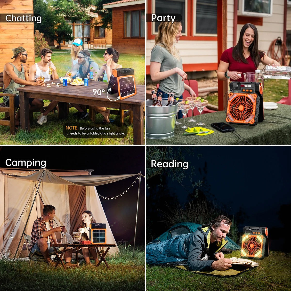 Multifunctional Solar Fan, Portable Rechargeable Fan with LED Light & Power Bank USB-C Charging for Outdoor