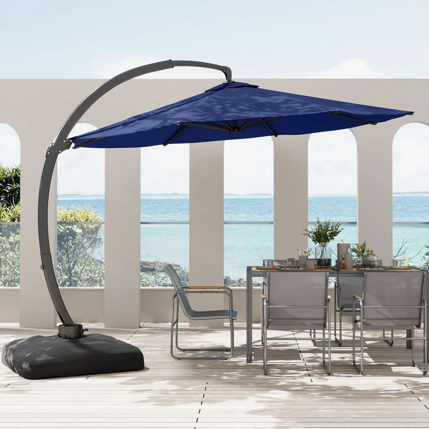 Grandeur Outdoor - 11ft Solar LED Cantilever Patio Umbrella with 360° Rotation