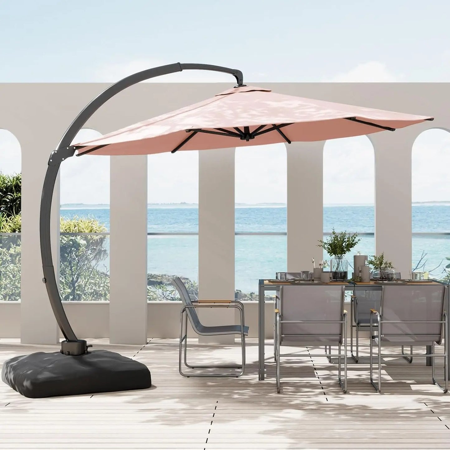 Grandeur Outdoor - 11ft Solar LED Cantilever Patio Umbrella with 360° Rotation