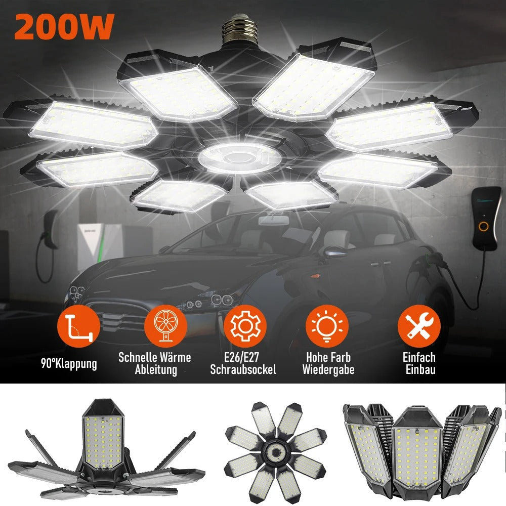 PremiumLux 200W LED Garage Light - Adjustable & Foldable Panels for Workshop & Warehouse