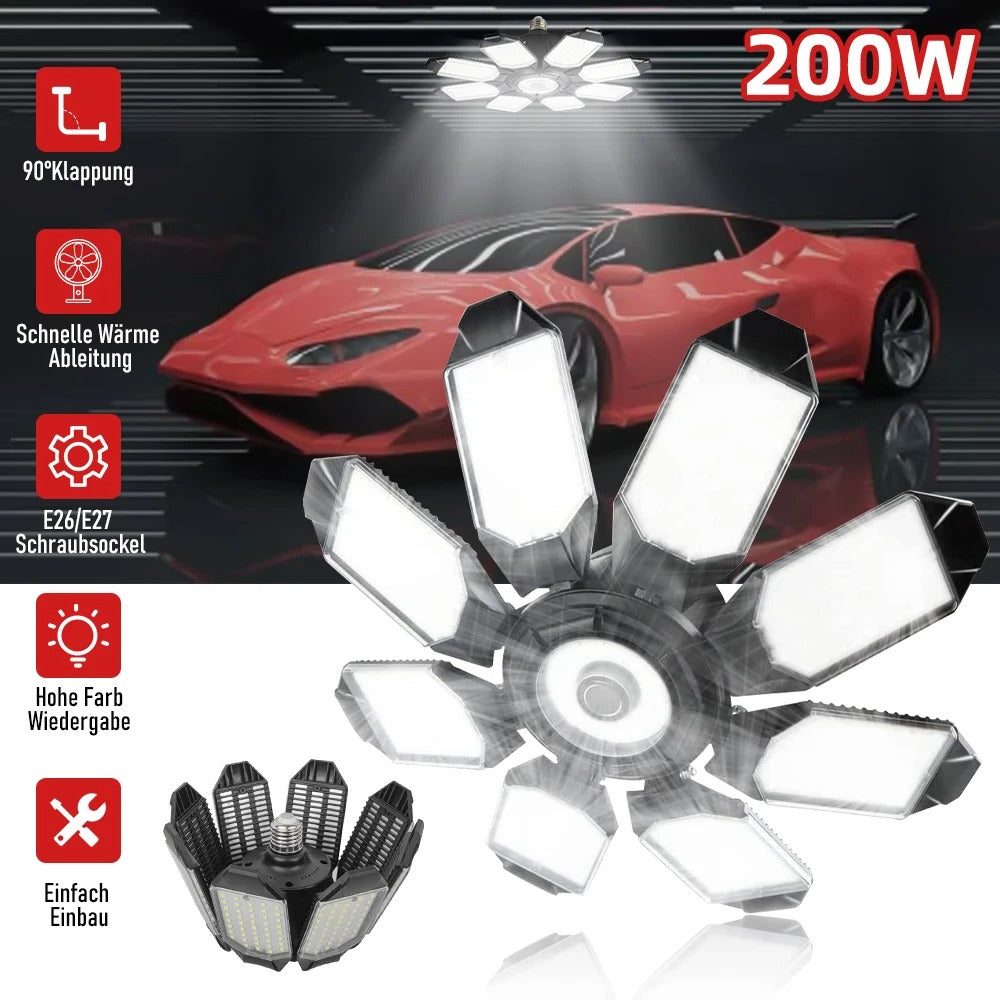 PremiumLux 200W LED Garage Light - Adjustable & Foldable Panels for Workshop & Warehouse