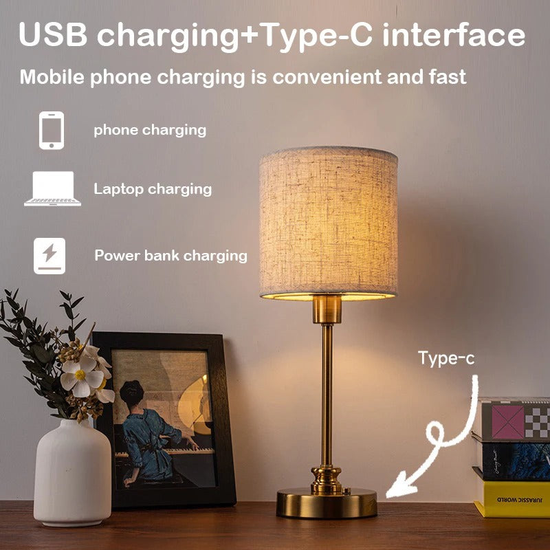 Rechargeable Cordless Bedside Lamp, 3-Level Dimmable Fabric Touch Table Lamp with USB-C Port