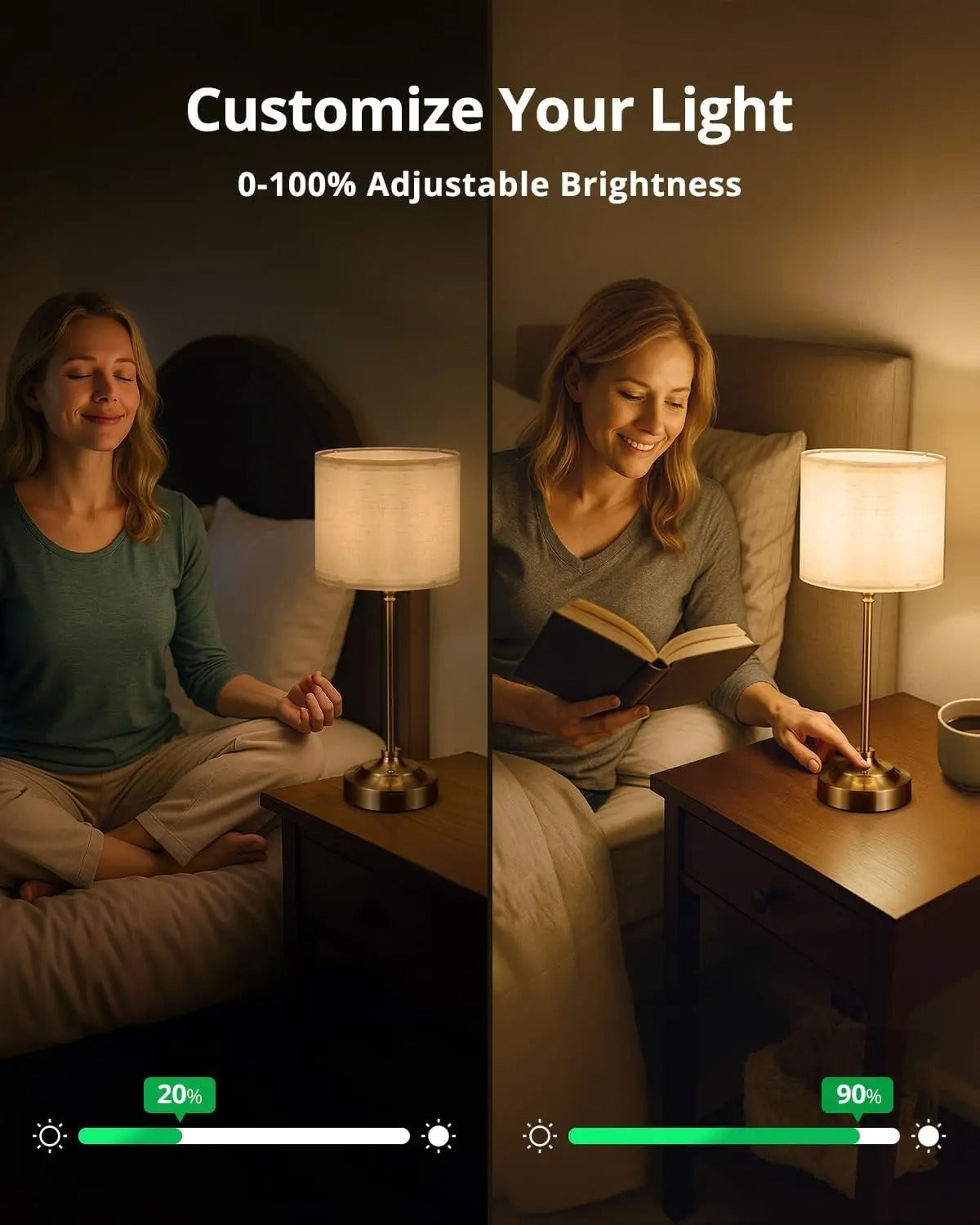 Rechargeable Cordless Bedside Lamp, 3-Level Dimmable Fabric Touch Table Lamp with USB-C Port