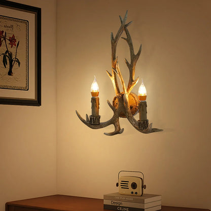 Retro Antler Wall Sconce - Wooden Feeling Resin Decorative LED Vintage Deer Light with E14 Bulb Base