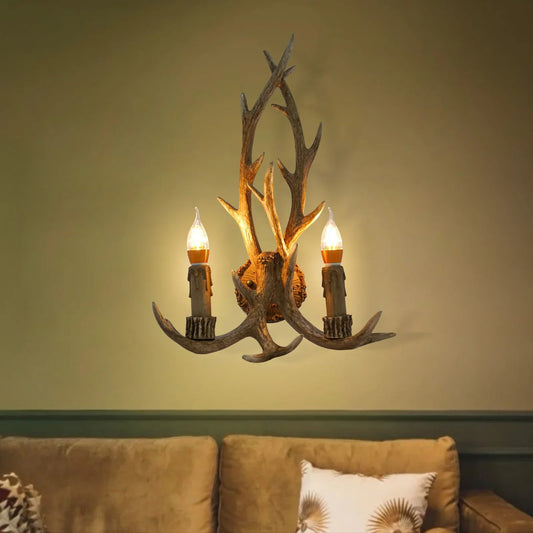 Retro Antler Wall Sconce - Wooden Feeling Resin Decorative LED Vintage Deer Light with E14 Bulb Base
