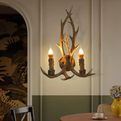 Retro Antler Wall Sconce - Wooden Feeling Resin Decorative LED Vintage Deer Light with E14 Bulb Base