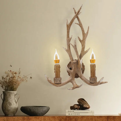 Retro Antler Wall Sconce - Wooden Feeling Resin Decorative LED Vintage Deer Light with E14 Bulb Base