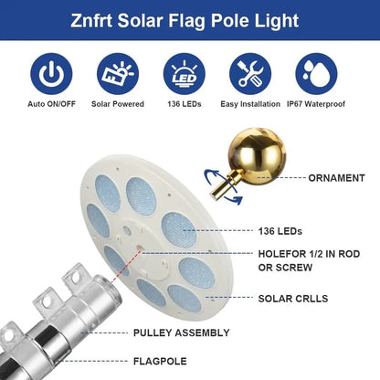 ShineBright - 136 LED Solar Flag Pole Light Outdoor Waterproof