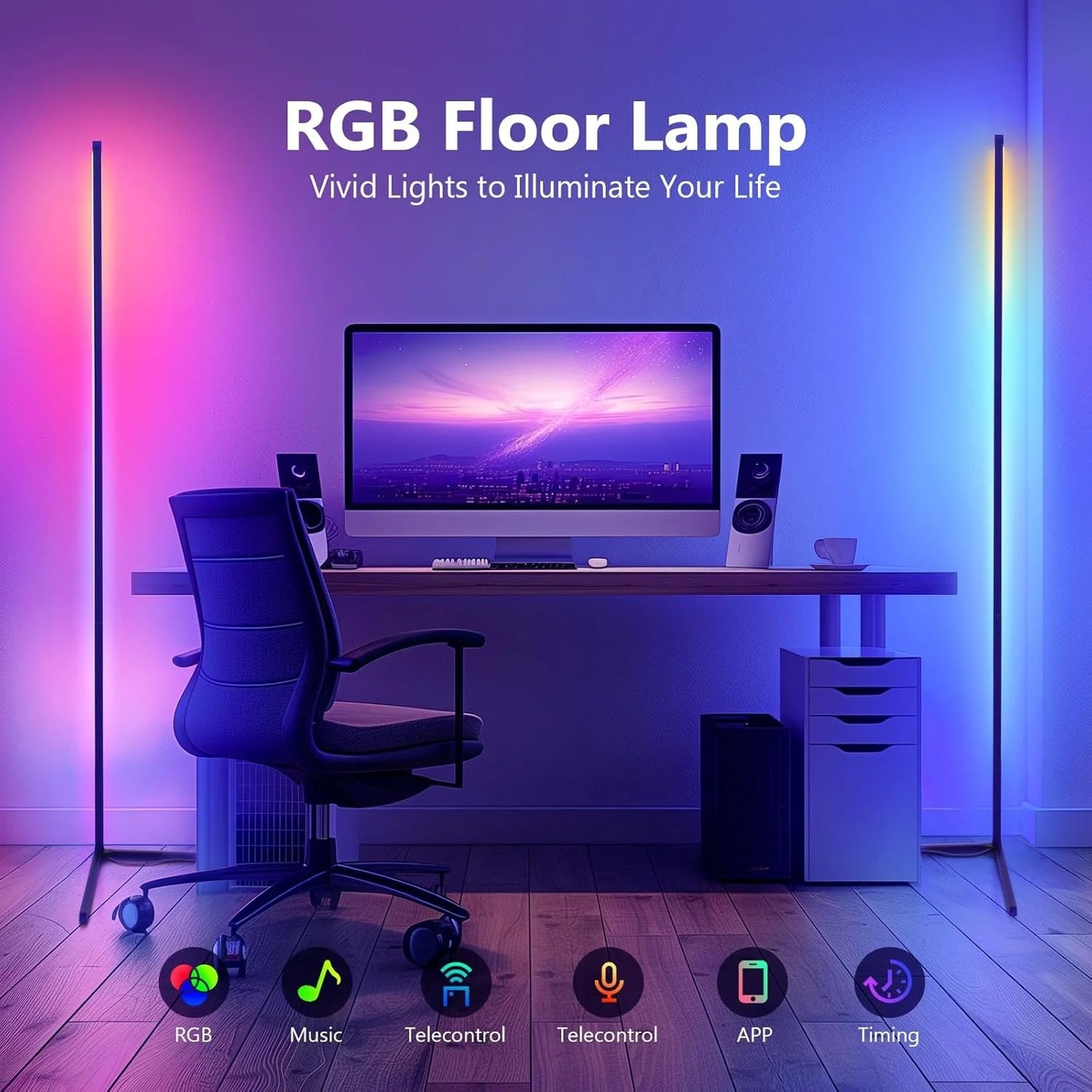 Smart 63" RGB LED Corner Floor Lamp, Music Sync Dimmable Standing Light with Remote & App Control for Ambiance