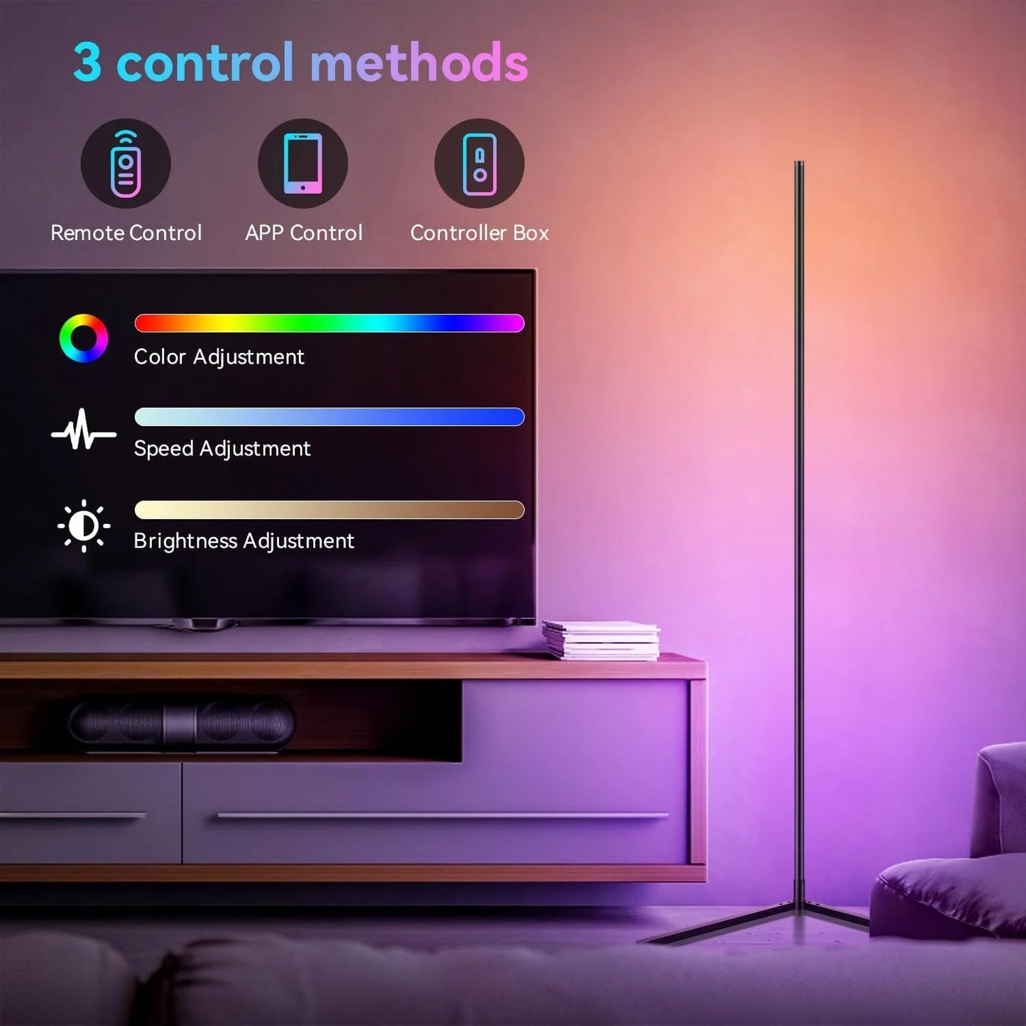 Smart 63" RGB LED Corner Floor Lamp, Music Sync Dimmable Standing Light with Remote & App Control for Ambiance